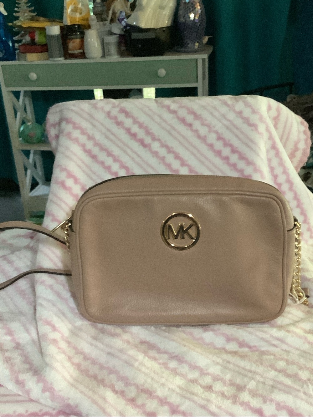 Michael Kors Blush Taupe Leather Crossbody with Gold MK Accent